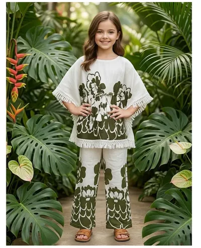 Cotton Woven Three Fourth Sleeves Floral Printed Kurti & Pant Set - Green & Off White